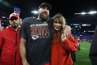 Travis Kelce #87 of the Kansas City Chiefs celebrates with Taylor Swift after a 17-10 victory against the Baltimore Ravens in the AFC Championship Game at M&T Bank Stadium on January 28, 2024 in Baltimore, Maryland. (Photo by Patrick Smith/Getty Images)